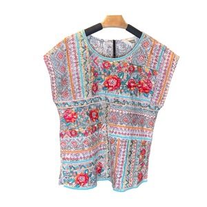 Savanna Jane Embroidered Floral Boho Tunic Top Blouse Multi Color Print Size S